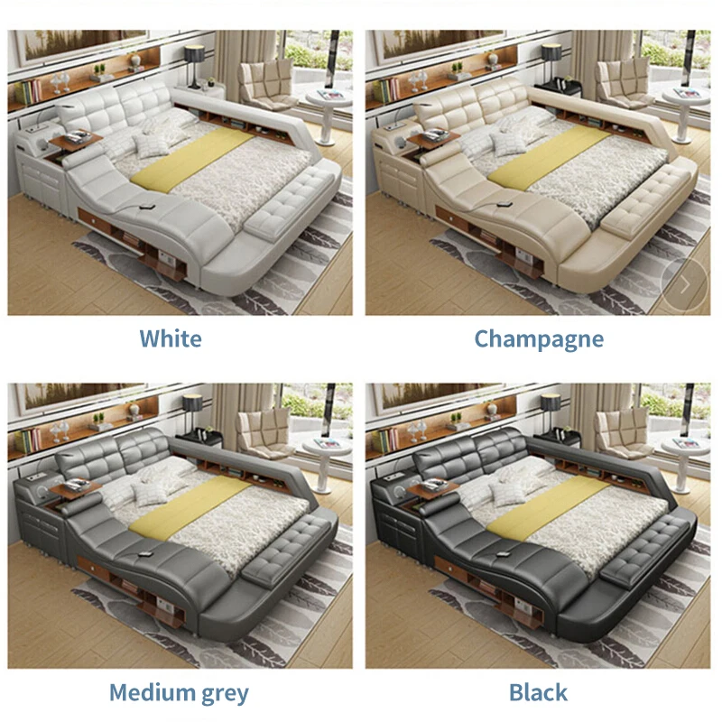 Design Leather Beds Multiple Combinations Available Modern Luxury Bedroom Home Furniture Lighted Headboard Bookcase Headboard