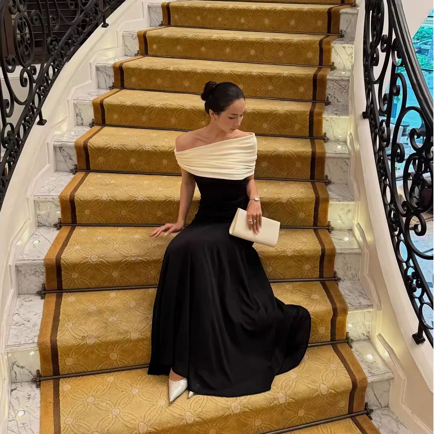 Elegant Chic White Black Contrast Maxi Dress Off-shoulder Day to Night  Formal Gown Simple Chic Women Party Wedding Dinner Dress