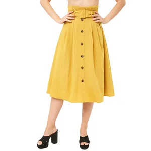 High Waisted Midi Casual Skirt Button Front Ruffle Trim Removable Buckled Belt Ladies Skirt