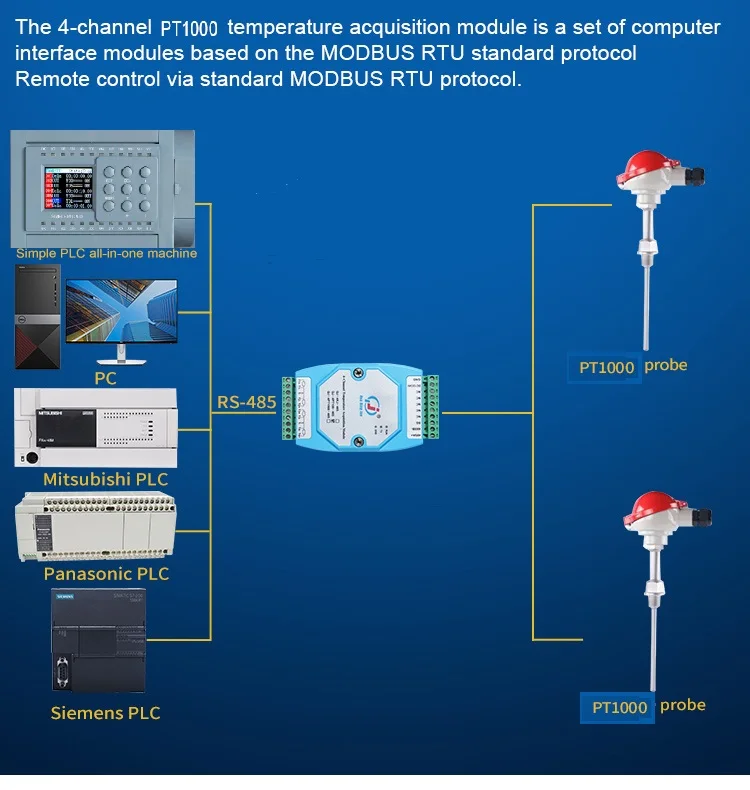 product huaqingjun 4 channel rs485 pt1000 temperature acquisition module modbus rtu thermal resistance for pt1000 sensors-2