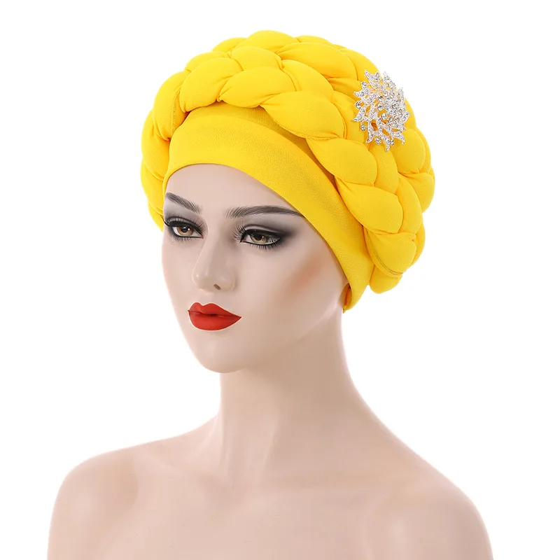 Bright Yellow Beaded Turban Headwrap Women Turban Cap Beaded Headscarf Beanie Twisted Braid Wrap  main image 4