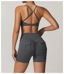 New Two Piece Adjustable Sports Bra Set Gym Fitness Women's Workout Sports Sets Scrunch Flared Leggings With Pockets