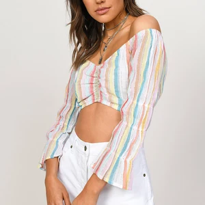 OEM Manufacturer Wholesale Custom Sexy off Shoulder Striped Crop Tops Blouse Shirts for Women Long Sleeve Crop Top