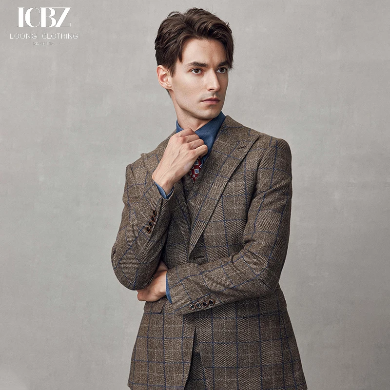 Vintage Men Suits 3 Pieces Brown Plaid Wool Suit Men's Single Breasted Groom Wedding Dress Formal Men's British Business Suit