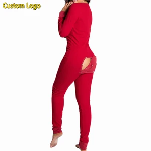Import Pajamas Supplier Customize Pyjamas Women Pajamas Custom Logo Long Sleeve Solid Sleepwear Nighty Pajamas With Butt Flap
