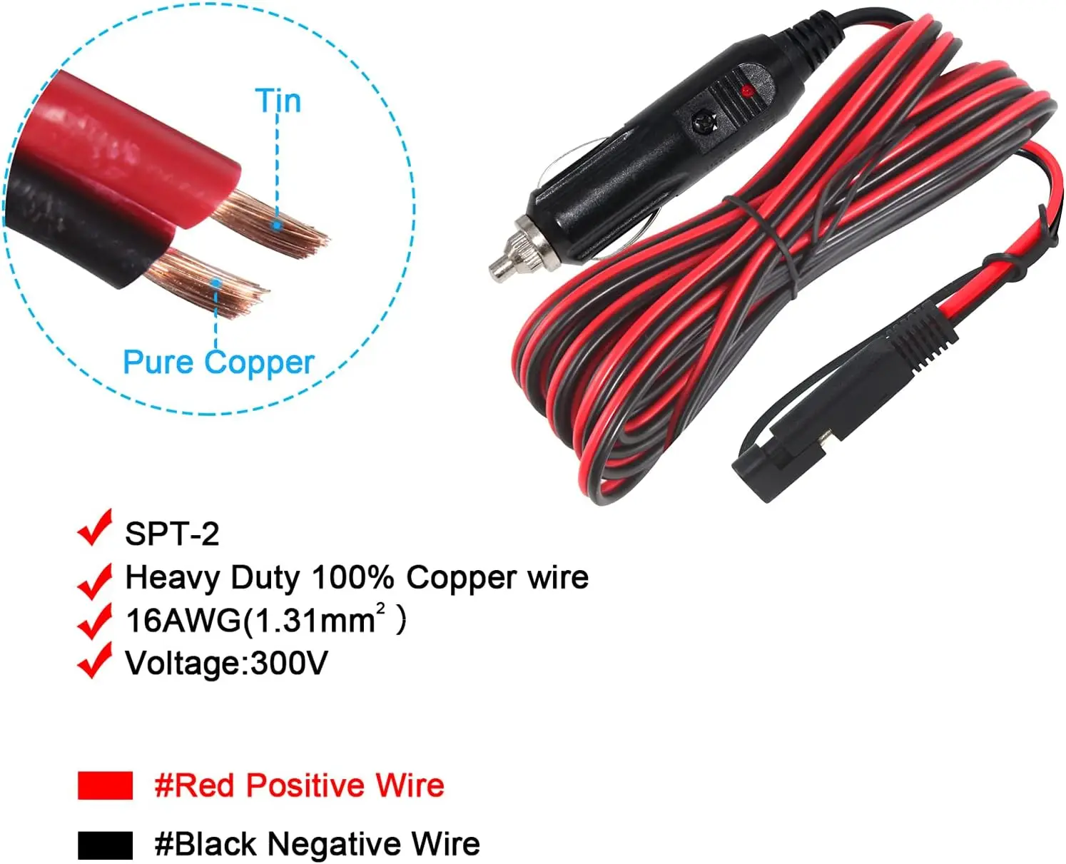 Câble D'Extension Batterie SAE SinLoon 3m - Prise Allume-Cigare 12V 15A Avec Fusible, Interrupteur Et Connecteur Rapide
