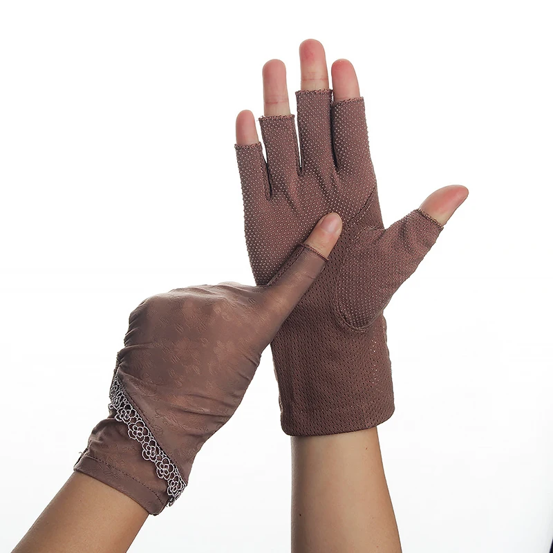 CLIMATE Half Fingers Gloves Women Summer Stretch Thin Fingerless Driving Gloves Ice Silk Semi-Finger Anti-Slip Sunscreen Anti-UV