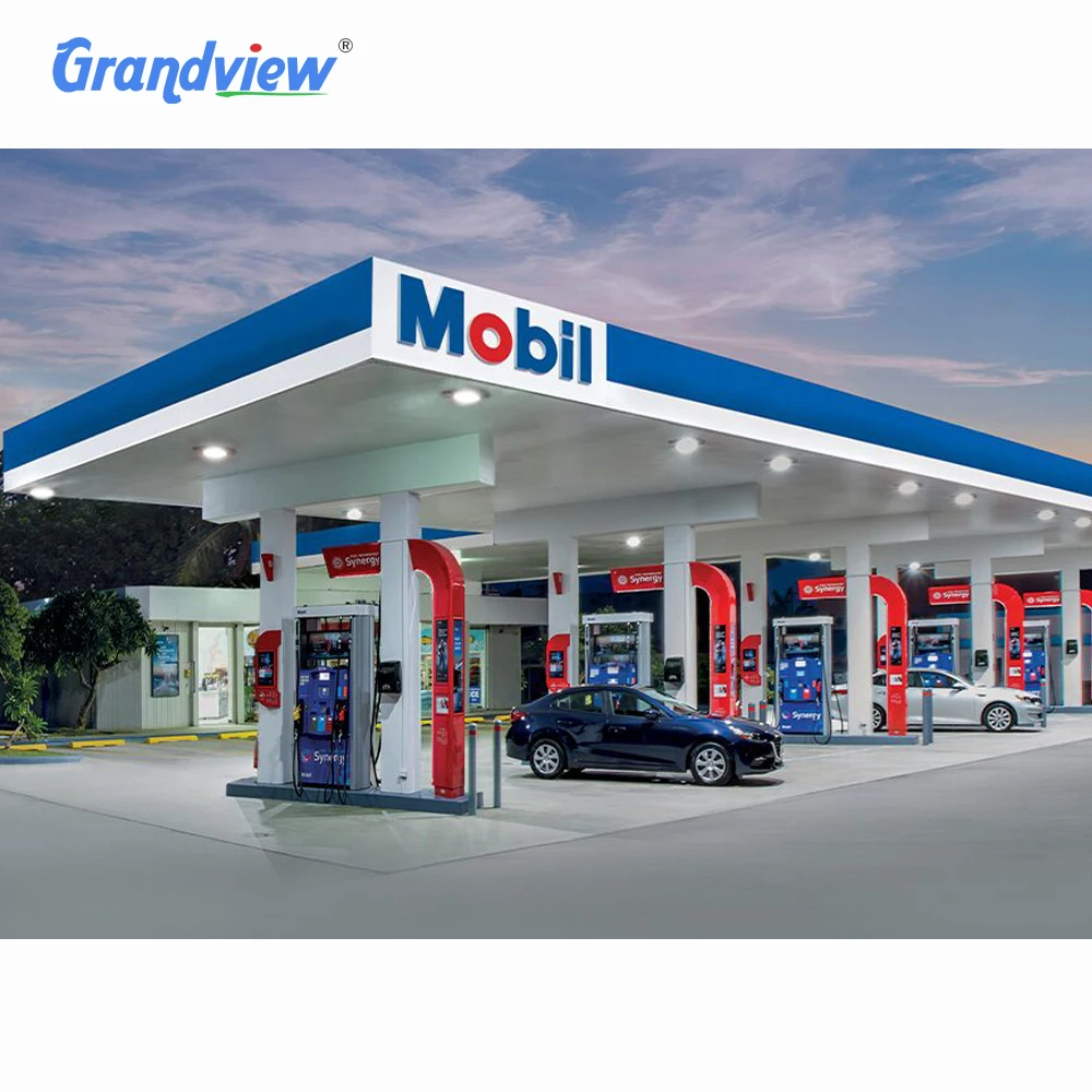 Steel Space Frame Petrol Station Sign Light Cost of Gas Station Canopy with Bending Cutting Welding Services