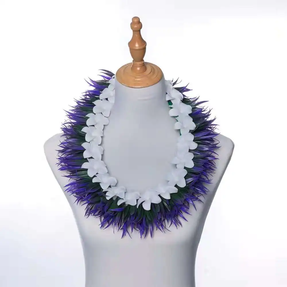 Artificial Silk Grass of Spring & Foam Plumeria Short Lei KN-hls004 64CM Hawaii Flower Necklace Festival Neck Ring Party Wreath