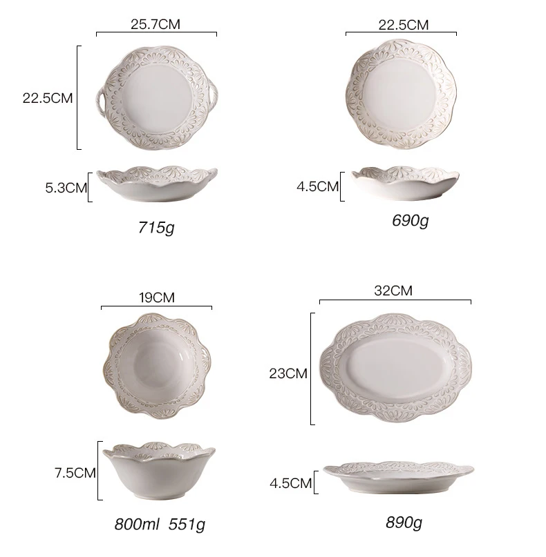 Vintage Dishes & Plates Bowls Set White Ceramic Dinner Plate Porcelain Dinnerware Embossed
