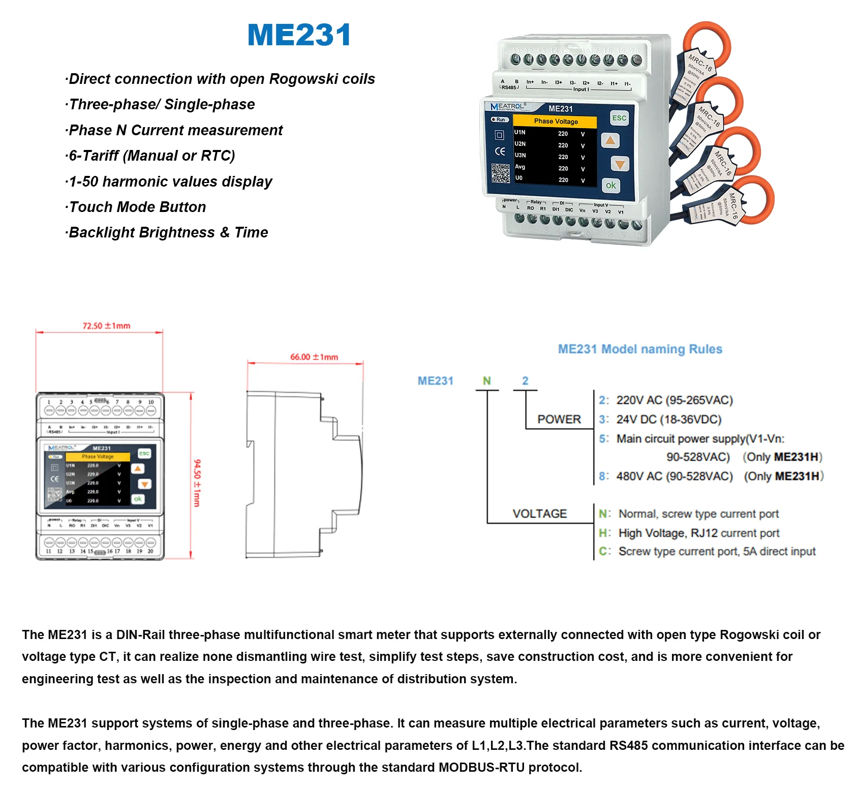 Din Rail Power Meter Modbus Tru Rs485 Meter 100a~3000a With Rogowski ...