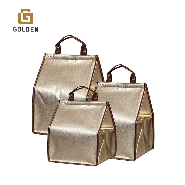 Golden Custom Imprint Portable Non Woven Large Insulated Tote Bag Thermal Lunch Cooler Bag