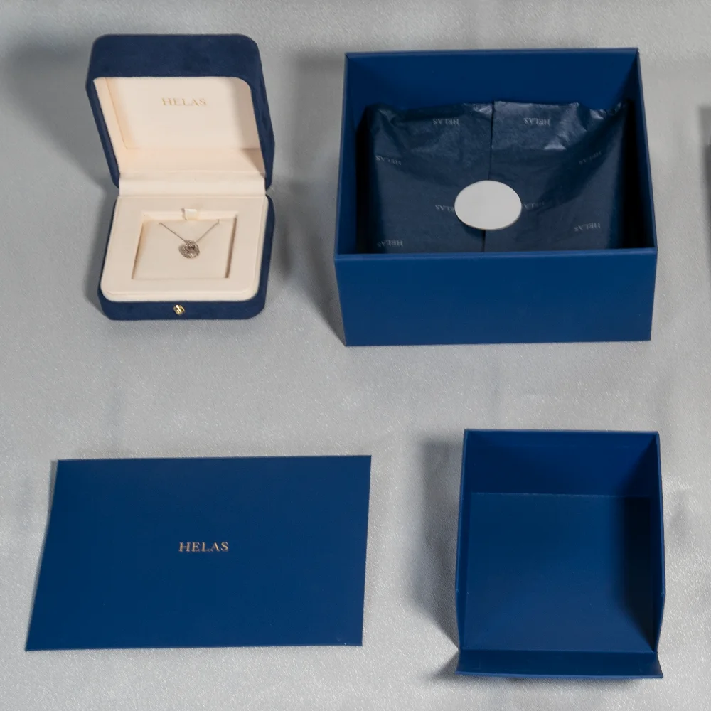 High Quality Bronzing Package Insert Lid and Base Ring Envelope Greeting Card Blue One Stop Velvet Jewelry Gift Box