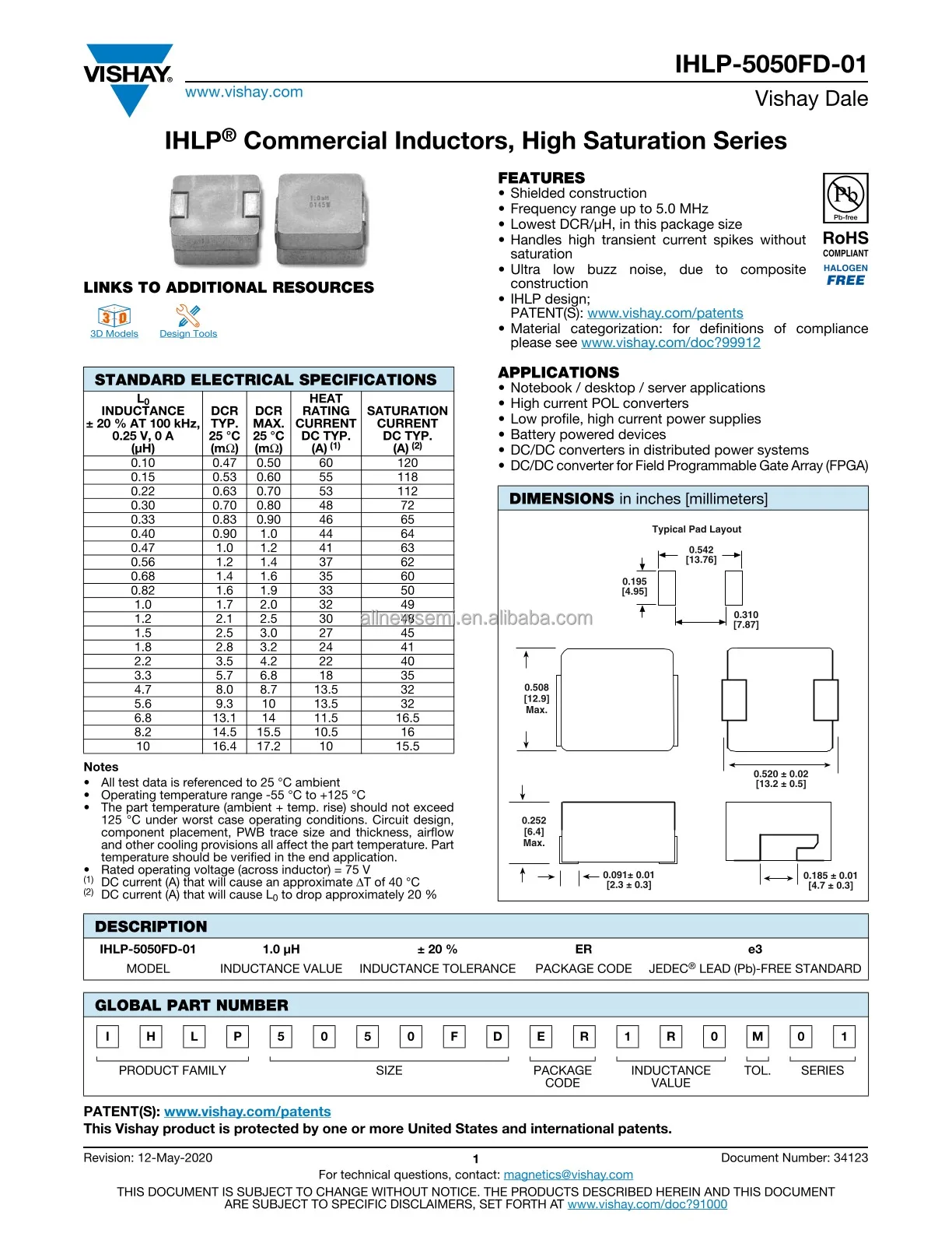 Hot sale Original IHLP5050FDER3R3M01 Fixed Inductors FIXED IND 3.3UH 18A 6.8 MOHM SMD Shielded Molded Inductor Max Nonstandard