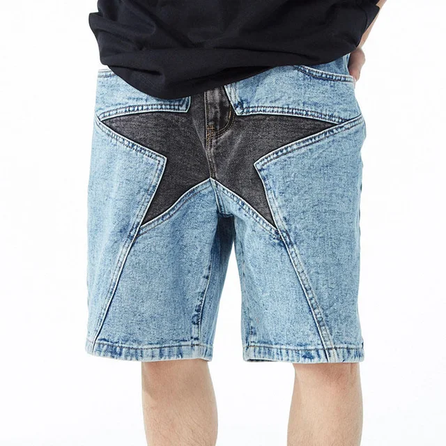Custom summer men s denim shorts for men over sized black and blue jeans short star spliced jean short