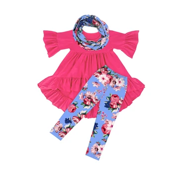 Oem stylish Baby girl Boutique 3pcs set Scarf & dress top & Leggings set Ruffle dress toddler boutique clothing vendor