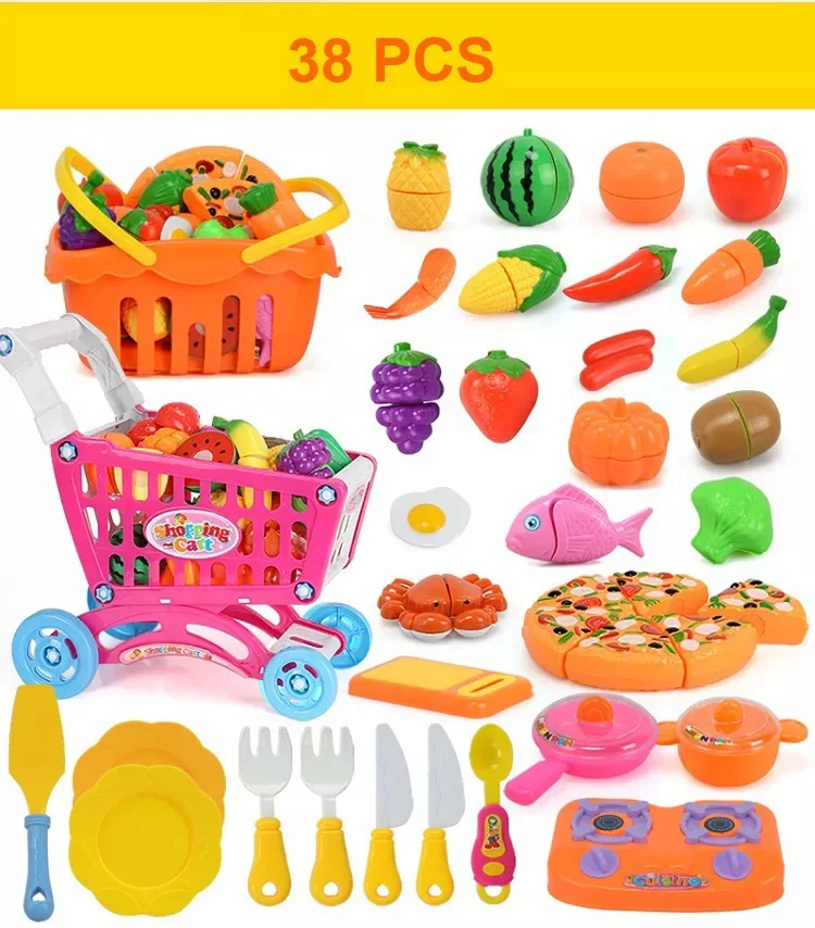 Kids Kitchen Set Pretend Play Plastic Fruit And Vegetable Cut Toys Trolley Basket Girls Kitchen