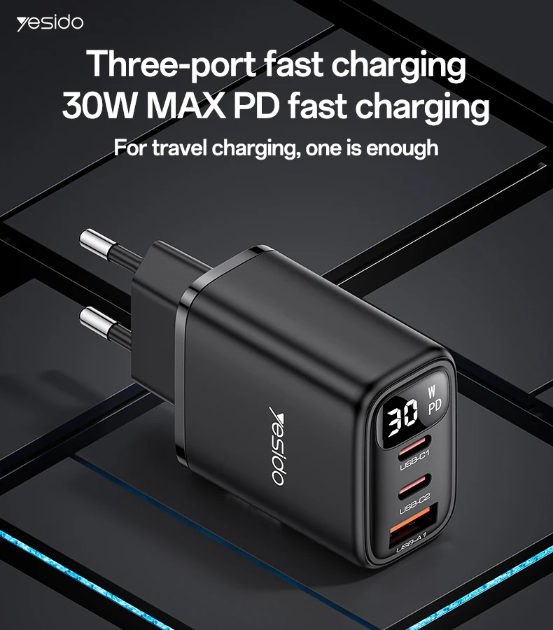 Yesido PD 30W Fast Charging 2*TC & USB Three Ports Smart Digital Display EU Standard Charger