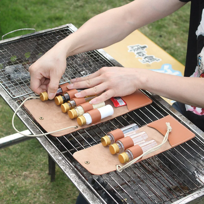 Portable Outdoor Camping Seasoning Bottle Leather case BBQ Barbecue Bottle Storage Bag Kitchen Hanging Rope Seasoning Box manufacture