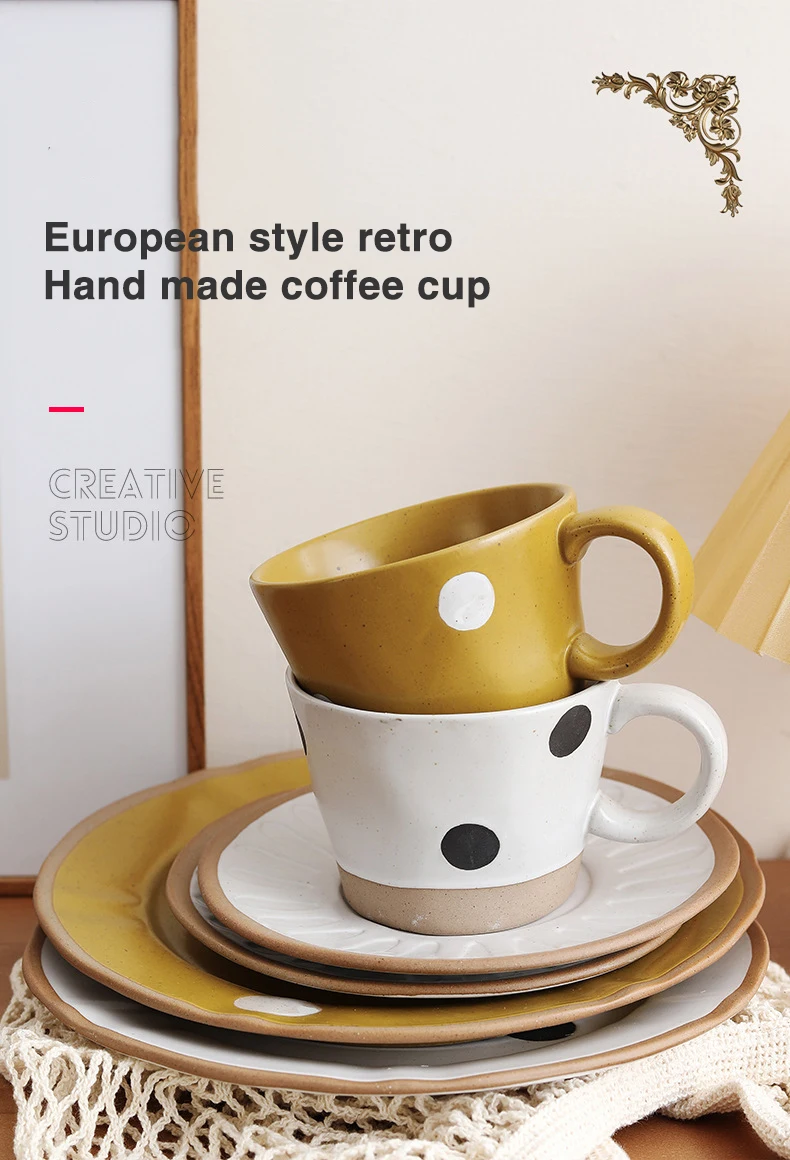 New popular Nordic vintage hand painted black polka dot ceramic tea cup and saucer porcelain coffee mug and saucer set manufacture