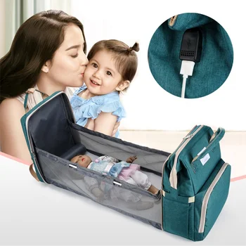 USB charging port foldable bed travel stylish large capacity mothers 3 in 1 organize baby changing station bag diaper backpack