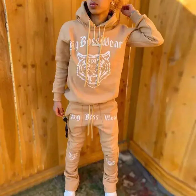 Oem Fleece Screen Print Pullover Hoodie Flared Pant Mens Tracksuit Sets