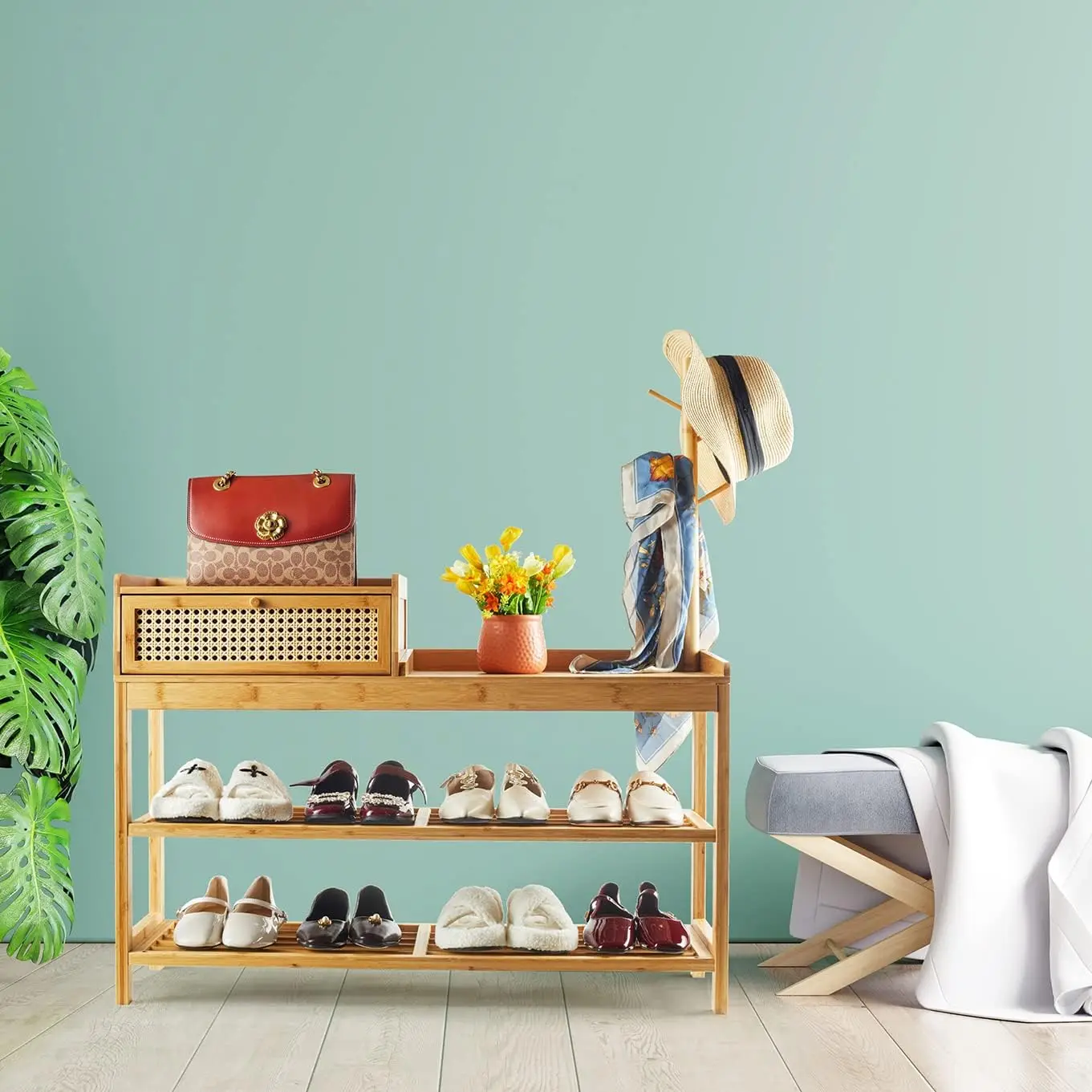 product freestanding wooden storage bamboo shoe rack cabinet organizer with coat tree and seat for bedroom and living room-3