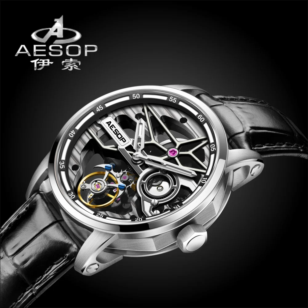 Aesop jam tangan mekanis Tourbillon pria, arloji kerangka dua sisi tahan  air, jam tangan hadiah ulang tahun