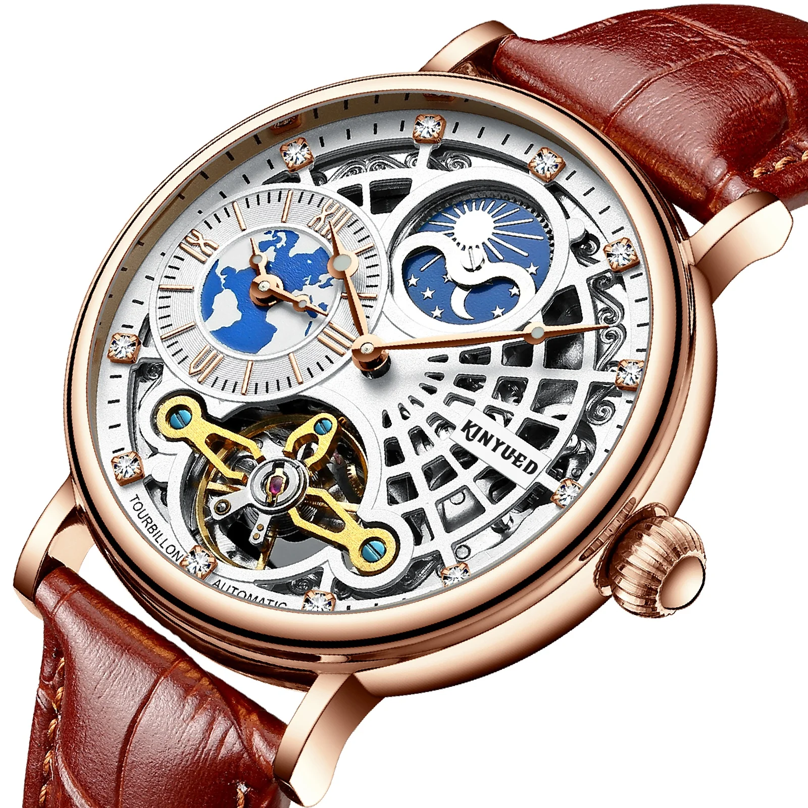ALANTOP Orologio meccanico automatico da donna, in acciaio inox, quadrante con fasi lunari, cinturino in pelle, impermeabile, orologio da polso, Rosso