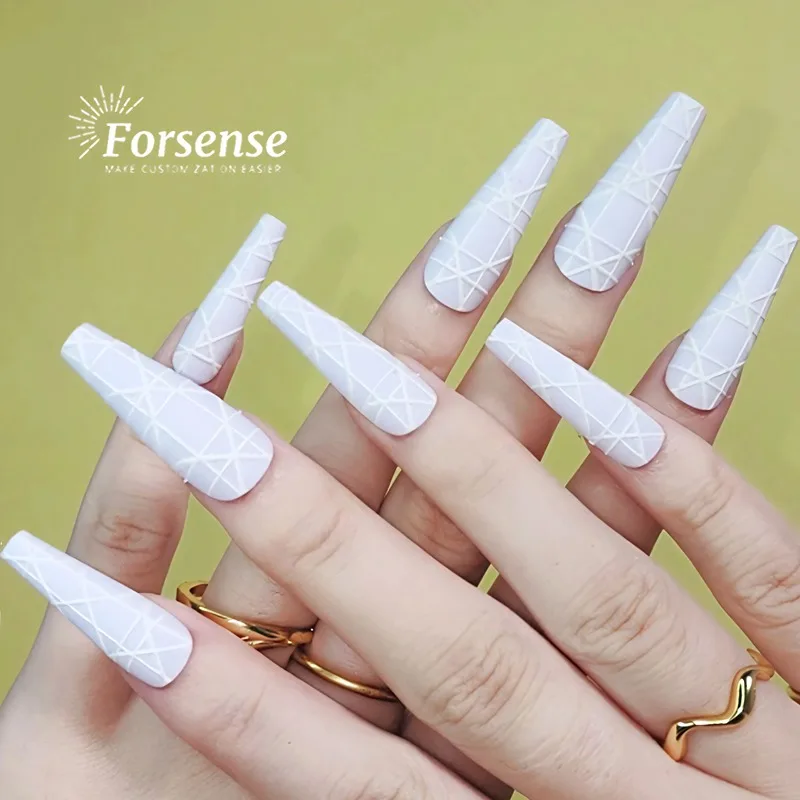 Easy Winter Classy Matte Press on Nail Design Holiday Simple White 3d Line Nail Tips Wedding Bride Elegant Long Coffin Fake Nail