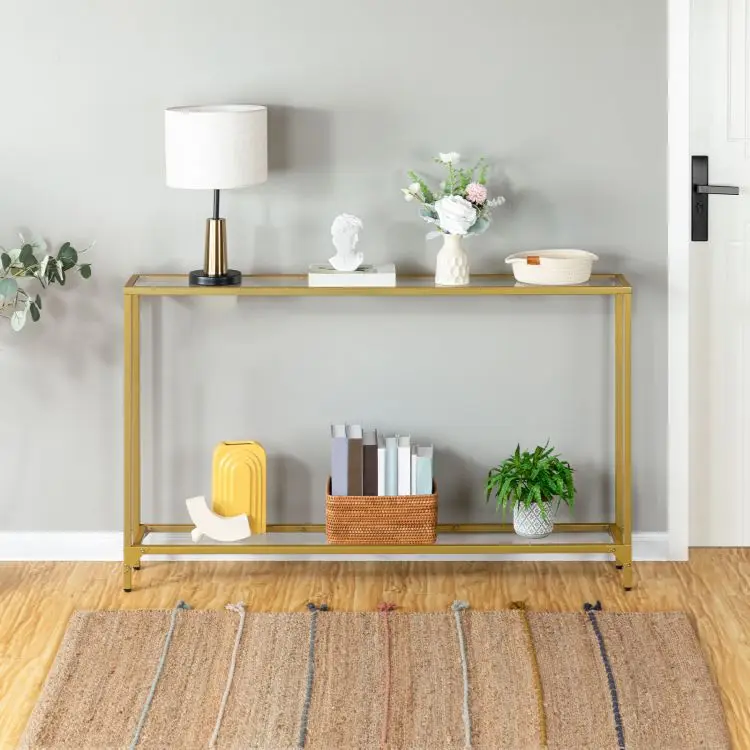 Wholesale Gold Console Table Narrow Tempered Glass Entryway Table