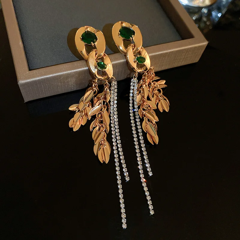 Vintage Golden Leaf Earrings with Colorful Zirconia main image 1
