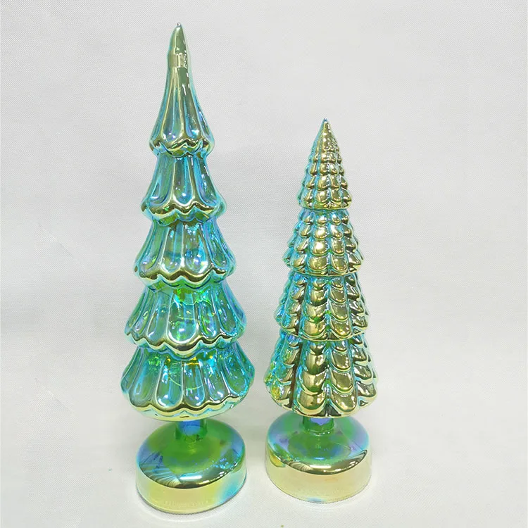 Vintage modern tabletop pre lit led lighted up mini green hand blown glass christmas tree decorative figurine set with lights supplier