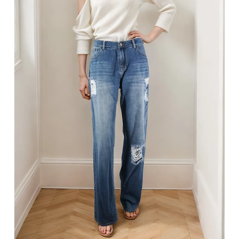 Hot Selling Women's Jeans Mom Jeans Mujer Denim Ripped Straight Woman Casual Trousers Women Jeans