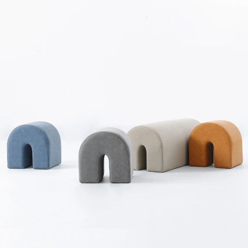 Modern Stools Design Accent Round U Seated Cloth Footstool Velvet  Base Lovely Blue Ottoman Stools