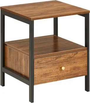 Nightstand End Table with Drawer, Industrial Square Bedside Sofa Side Table with Storage 2-Tier Shelf for Bedroom, Small Spaces,