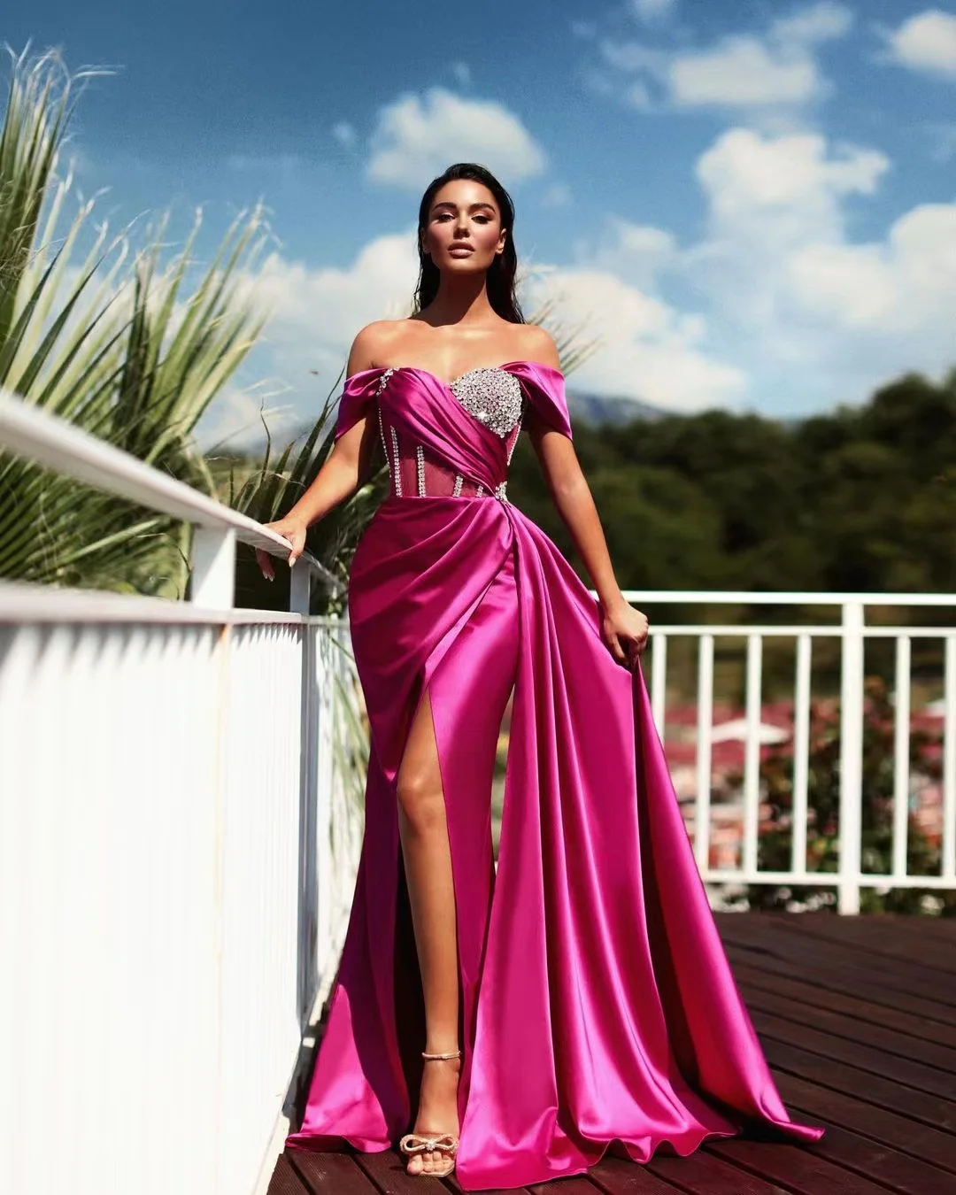 Hot Pink Fashion Silk Luxury Off Shoulder Rhinestone Corset Prom Dress –  TGC FASHION