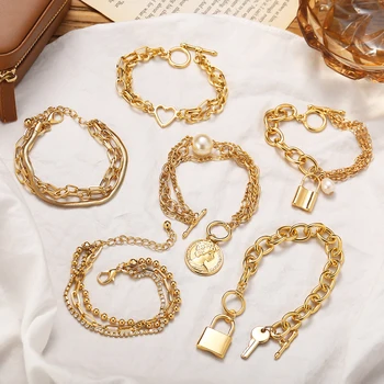 2021 Luxury Gold Cuban Link Chain Bracelet Punk Style Pearl Metal Portrait Coin Heart Locket Bracelets For Women