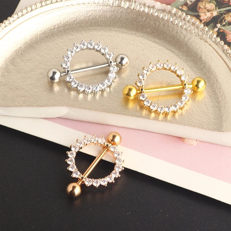 2023 Nipple Rings Stainless Steel Heart Snowflake Nipple Piercing Staight Bar Barbell Cz Crystal