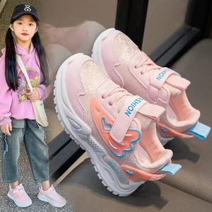 New Spring Girls' Retro Dad Sneakers Fashion Pink Casual Lightweight Velcro Mesh Sneakers with Button Closure