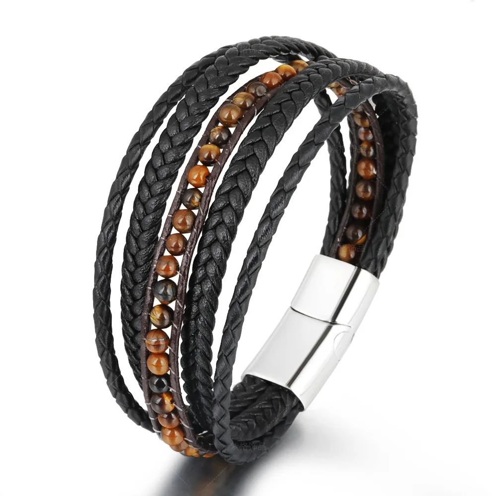 Mens Braided Leather Bracelet Stainless Steel Clasp Men Jewelry