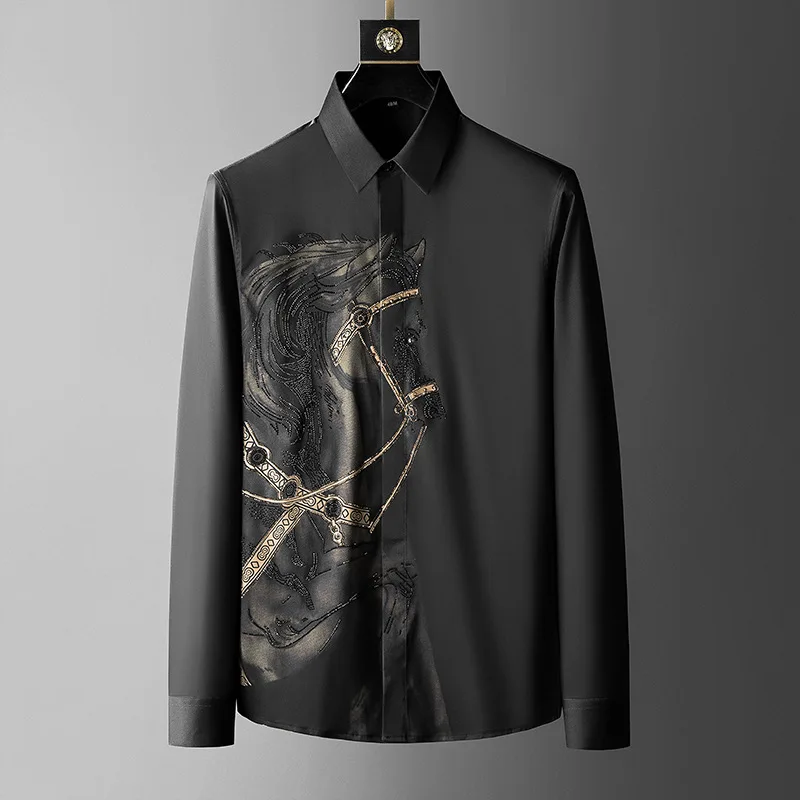 Party Silk Slim Office Men Tee Dress Shirts Casual Wash and Wear Shirts Clothes Business Long Sleeve Printing Shirts