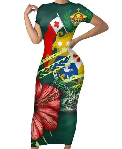Tight Women's Long Hawaiian Maxi Dress with Polynesian Design, Short  Sleeves, Eco-Friendly Fabric - Plus Size Available