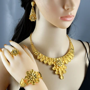 Luxury Gold Plated Alloy Jewelry Color Flower Set Women Necklace Earrings Ring Bracelet Exquisite African Middle Eastern Bridal
