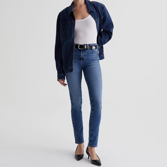 Custom Mid-Rise Cigarette Jeans for Women 10oz Stretch Denim 5-Pocket Medium Blue Vintage Wash OEM Wholesale