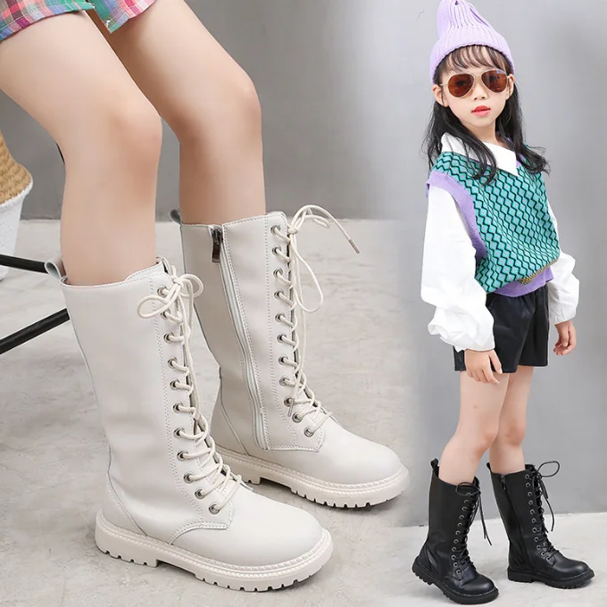 RT1234 модные зимние сапоги для девочек, теплые плюшевые сапоги до колена для девочек, кожаные сапоги