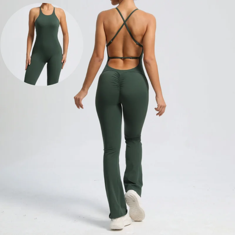 Women New High Quality Long Length Hollow Back Soft Quick Dry Scrunch Back Yoga one piece Jumpsuit Gym Fitness Sets For Adults