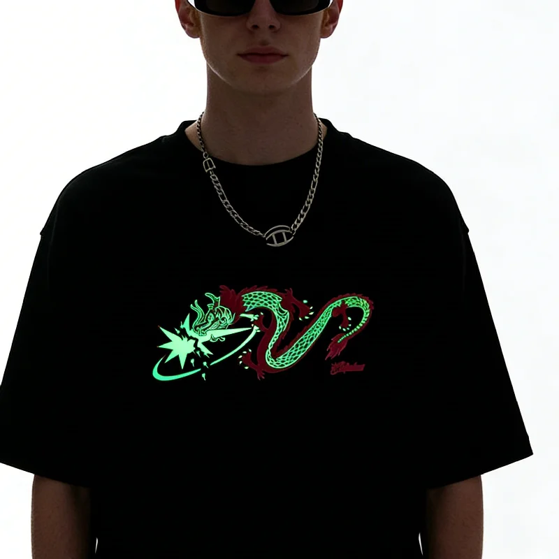 Summer Casual Men's T-shirt Custom Luminous Vinyl Printing logo Reflective Tshirts Plus Size Men's T-shirts Glowing in Dark
