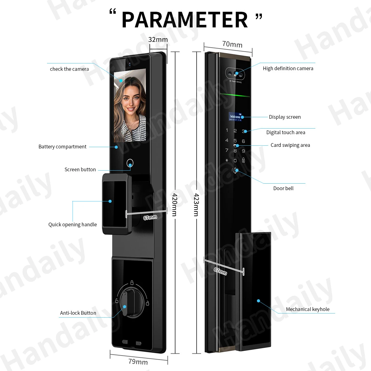 Handaily Video Intercom Tuya Palm Vein Smart Door Lock  Smart Door Lock Fingerprint Password Cerraduras for Main Gate P70