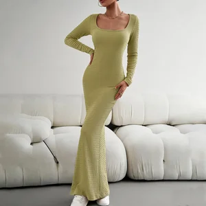 Top Selling Summer Women's Sexy Slim Fit Bandeau Neck Breathable Long Sleeved Knitted Dress Square Neck Knit Dress